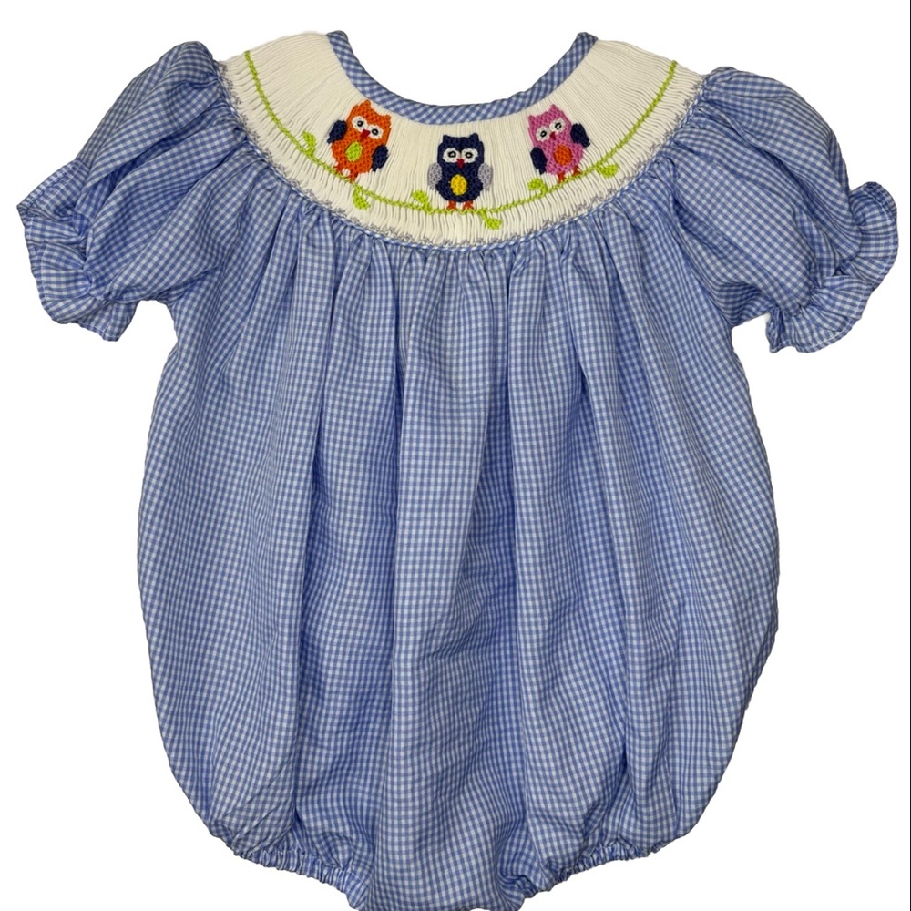 nola smocked owl bubble outfit 12 months